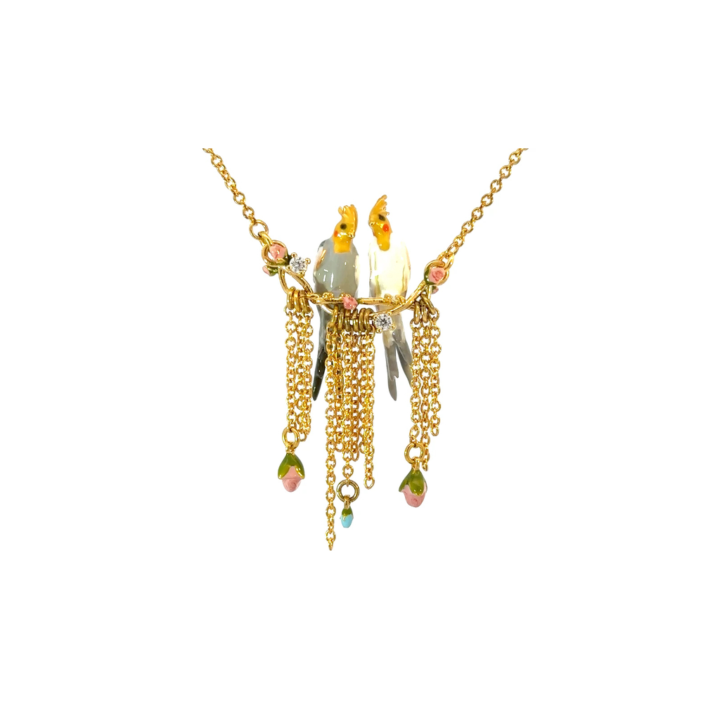 Duo Of Cockatiel & Rosebuds Statement Necklace