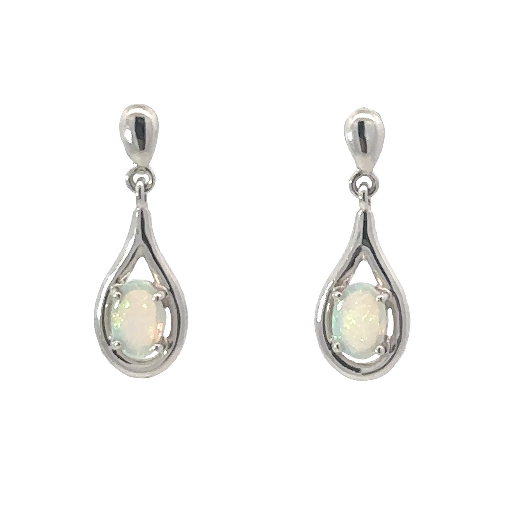 Solid Crystal Opal Stud Earrings In 14K White Gold