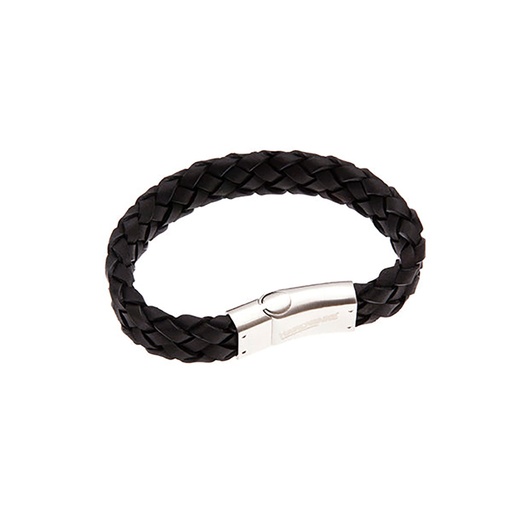 [27763SCUleatherstainlesssteel] Black Leather Mens Bracelet With Steel Clasp