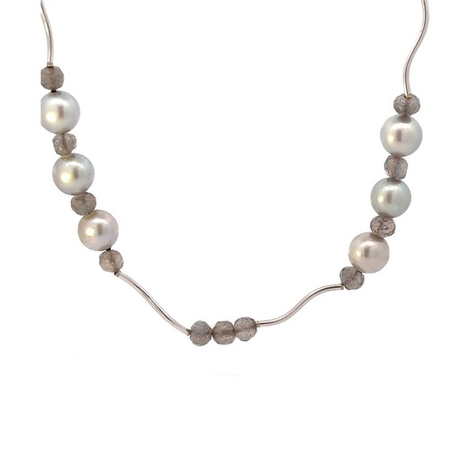 [25140JC9WNLABTAHP] Pearl & Labradorite Necklace With 9K White Gold Bars
