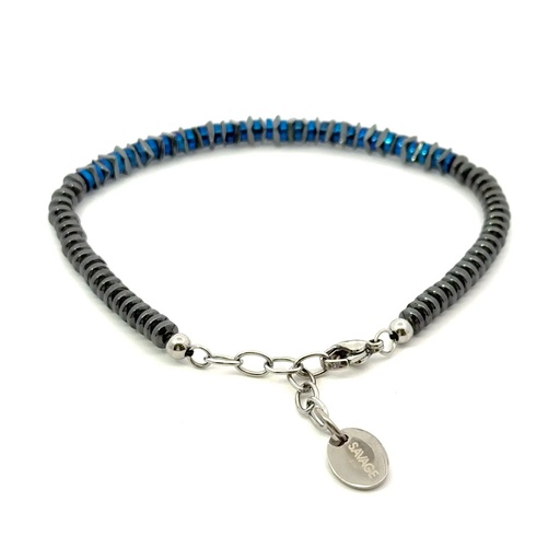 [28614SCUBR] Hematite & Blue Bead Bracelet With Stainless Steel