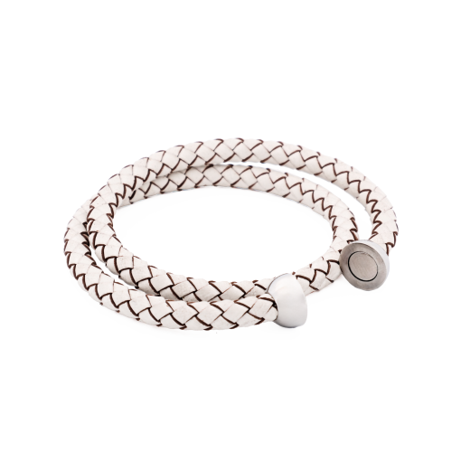White Leather Mens Bracelet With Steel Magnet Clasp