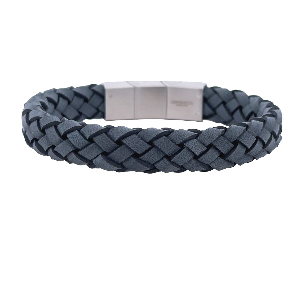 Blue Leather Mens Bracelet With Steel Clasp