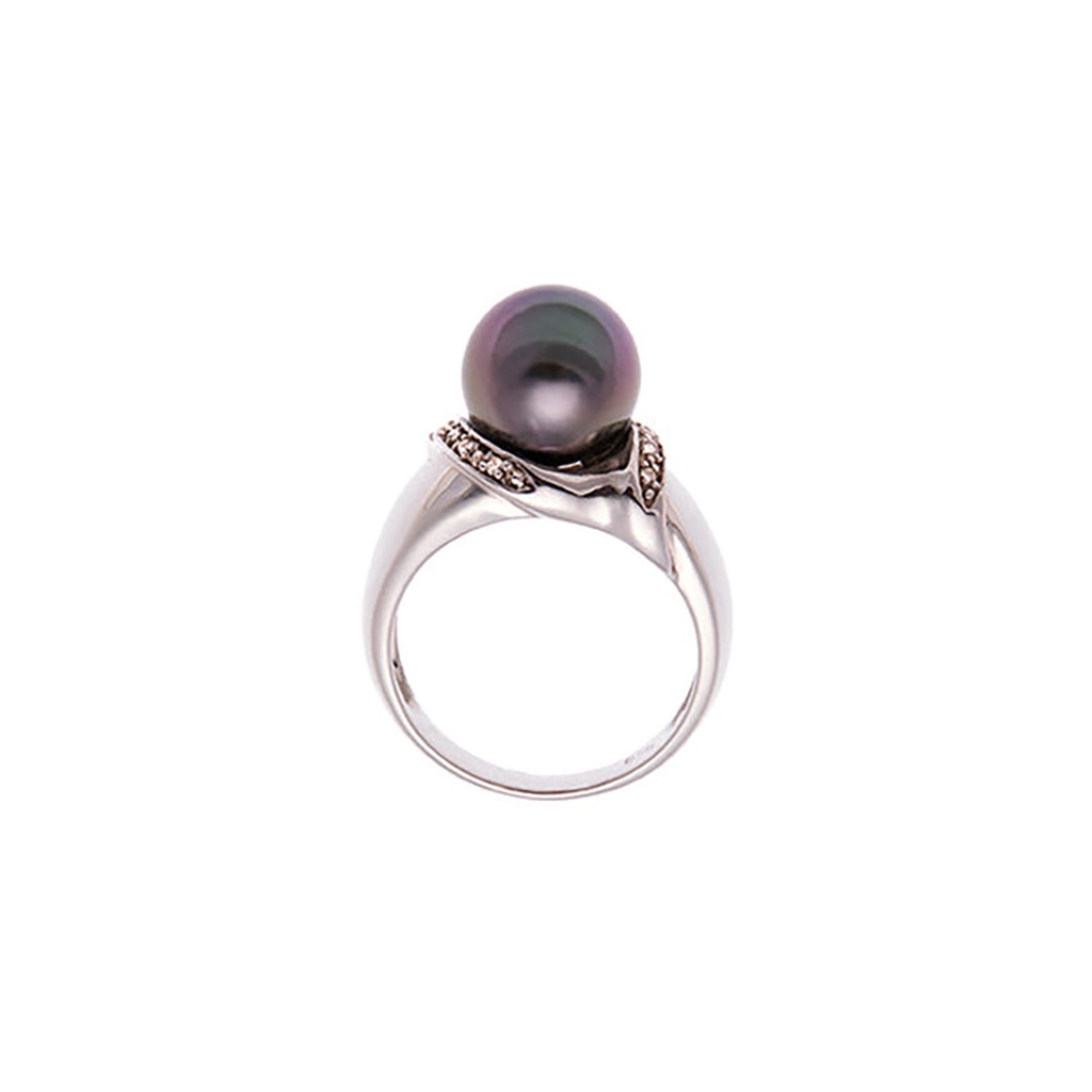 18ct White Gold Ring with Tahitian Pearl & Pave Diamonds