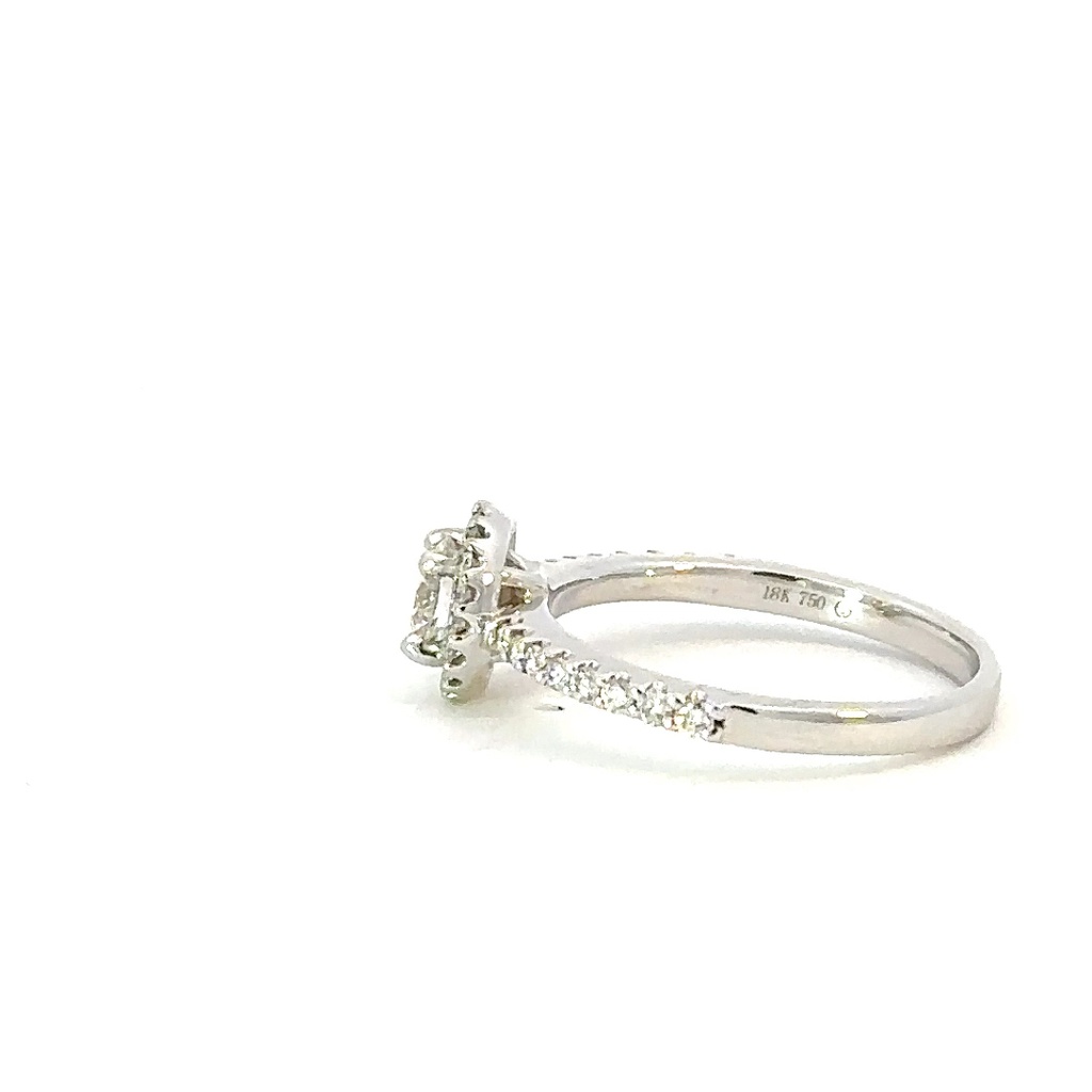 Diamond ring with halo of diamonds and diamond band