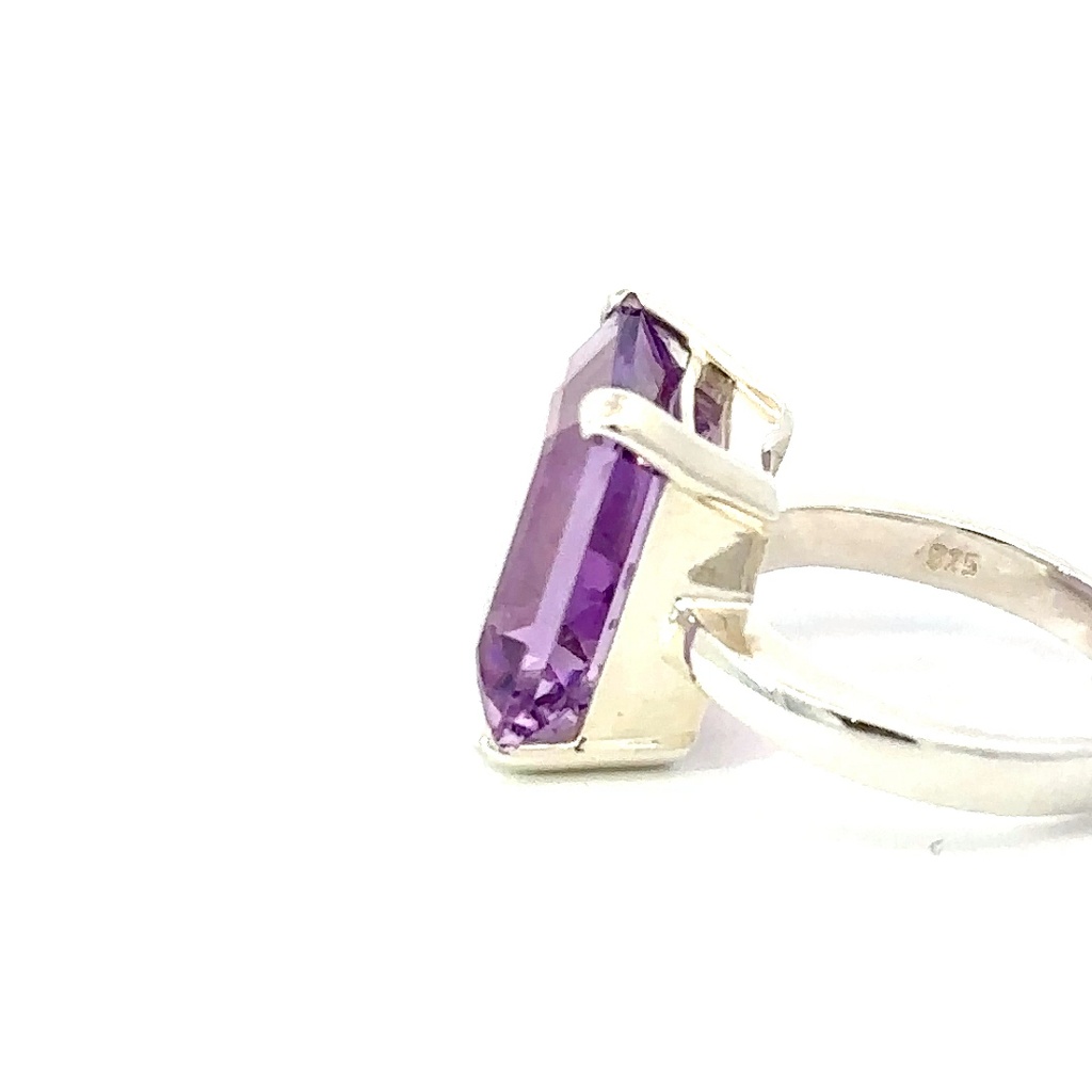 Sterling ring with a bold pastel emerald cut amethyst
