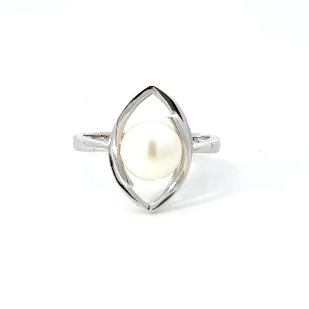 Freshwater pearl ring sitting in a marquise frame