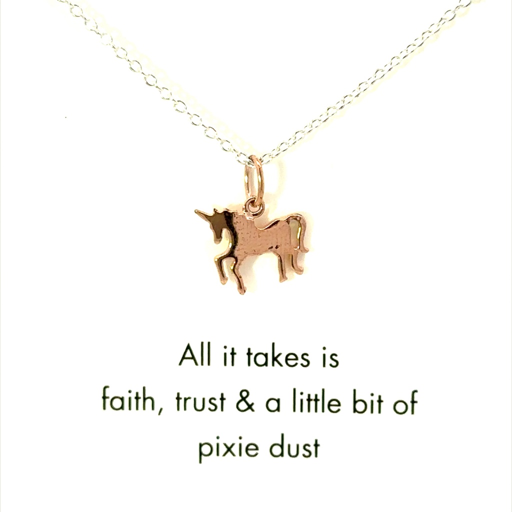 "All it takes is faith trust & a little bit of pixie dust" silver necklace with rose gold plated unicorn