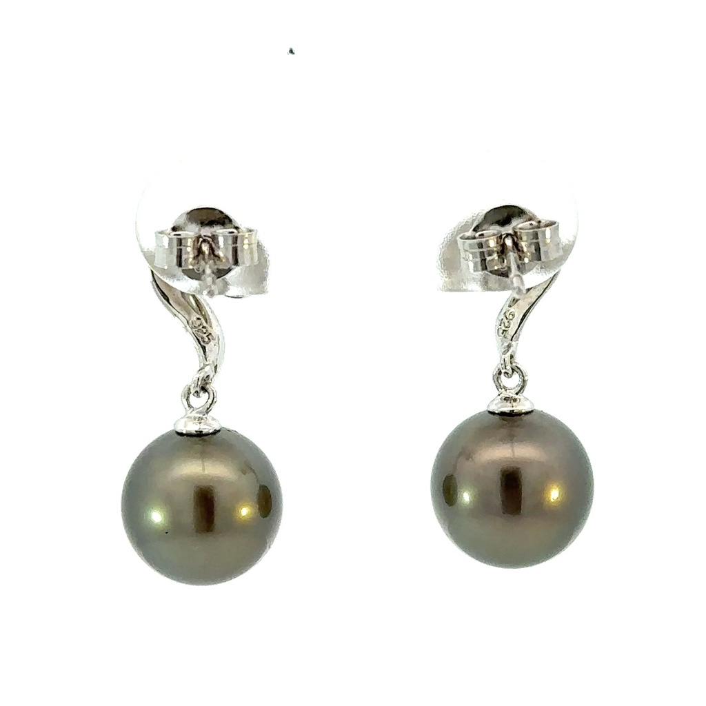 Tahitian pearl drop earrings with a swirl stud in silver