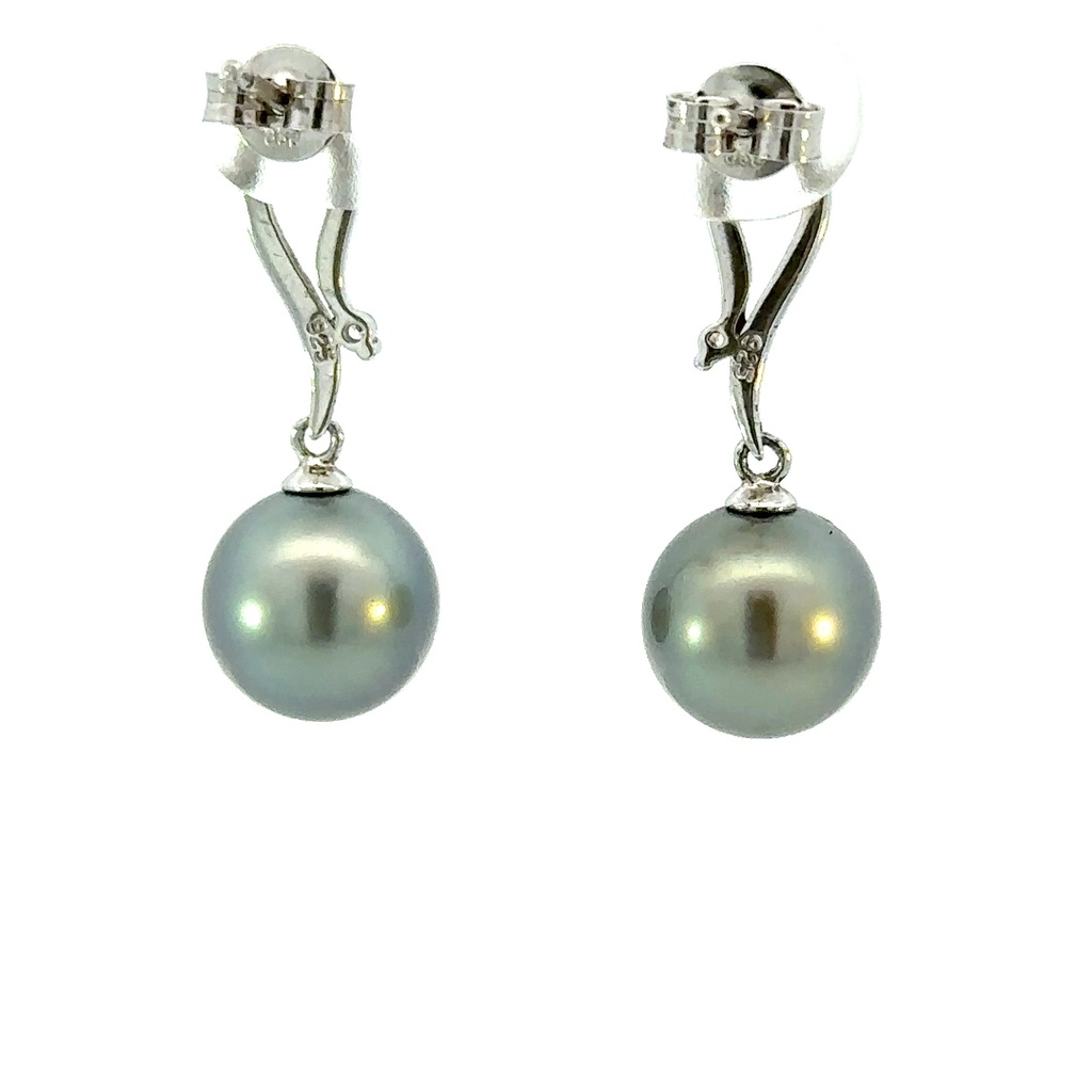 Sterling silver Tahitian pearl earrings with elegant swirl stud set with cz