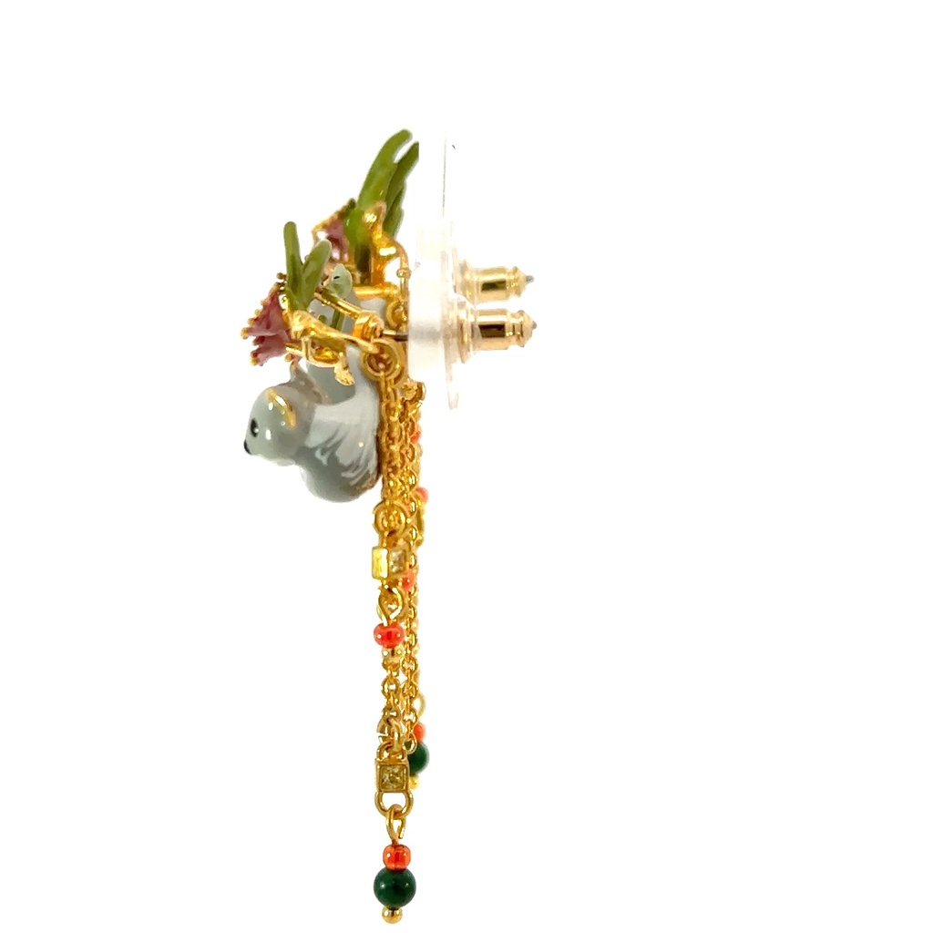 Duo of koalas, pink eucalyptus & malachite bead earrings