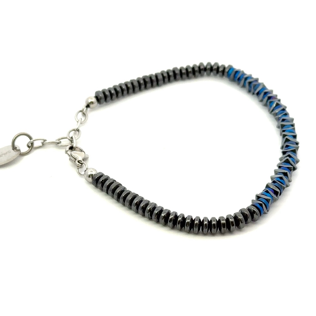 Hematite and blue bead bracelet with stainless steel