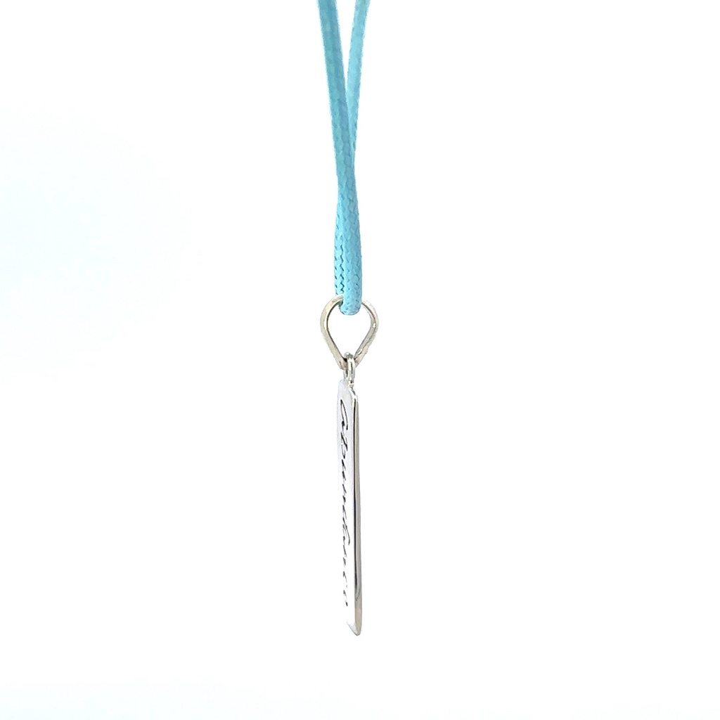 "Abundance" Silver Tag Pendant With Light Blue Cord
