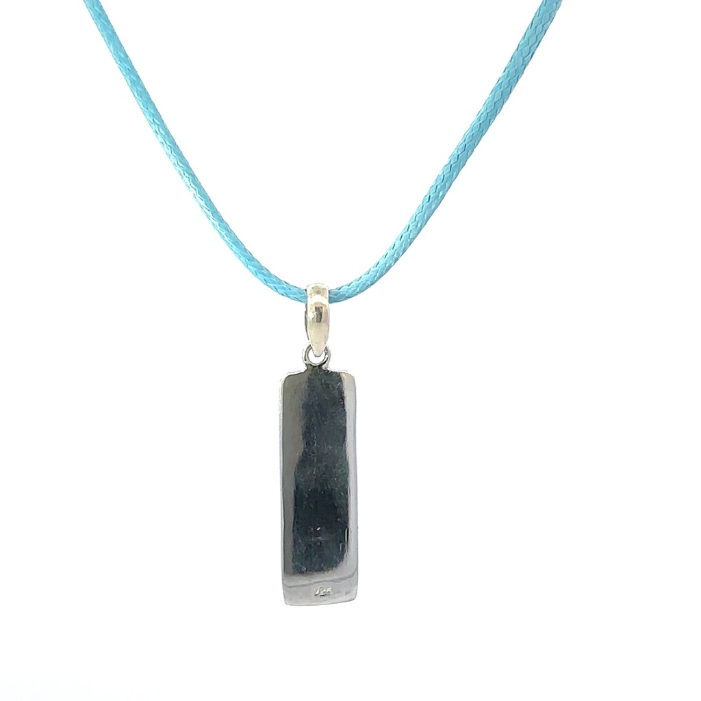"Abundance" Silver Tag Pendant With Light Blue Cord