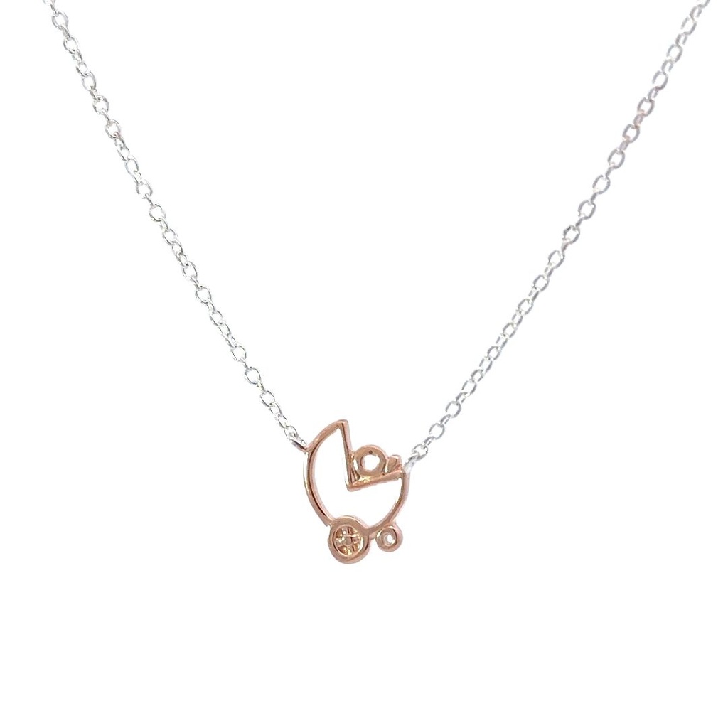 Baby in Pram Outline in Rose Gold Plate On Silver Necklace