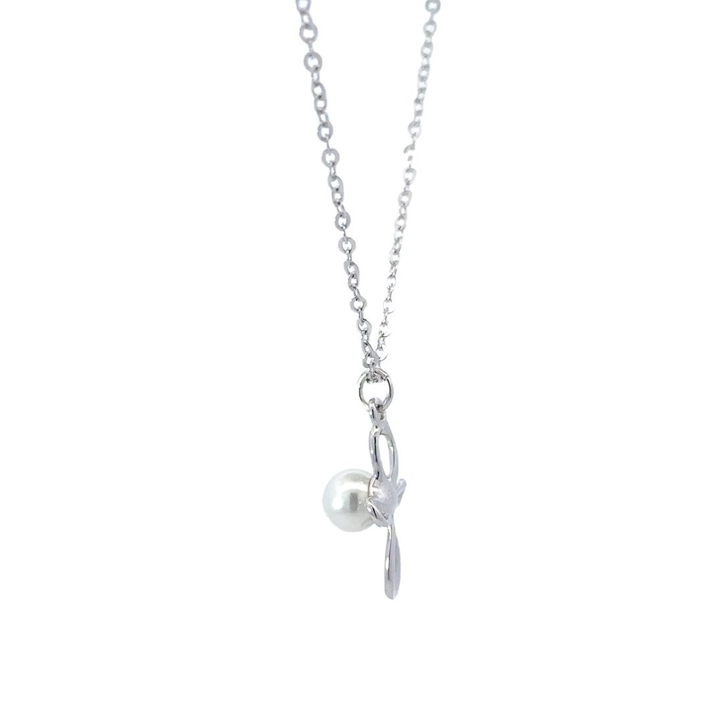 Silver Cross Pendant With a Pearl Centre on a Silver Necklace