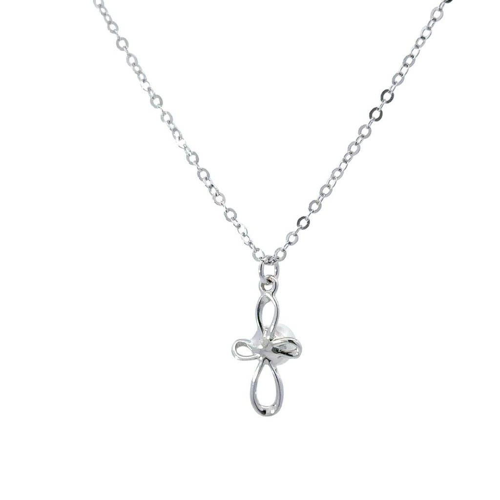 Silver Cross Pendant With a Pearl Centre on a Silver Necklace