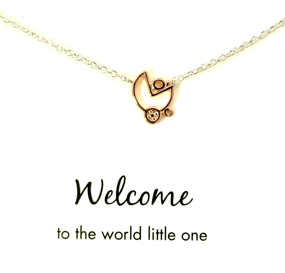 Sterling silver necklace with rose gold plated pram "Welcome"