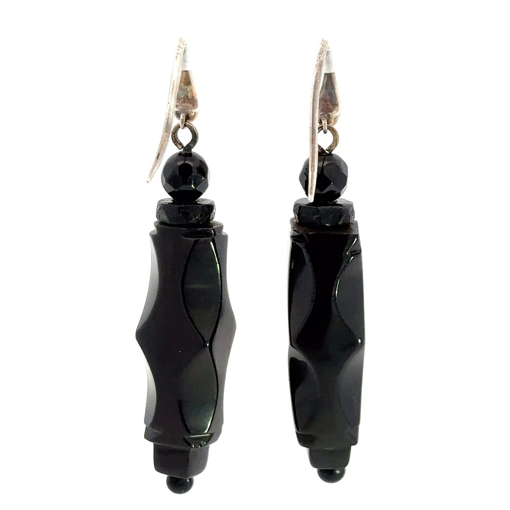 Sterling Silver Carved Jet Drop Earrings