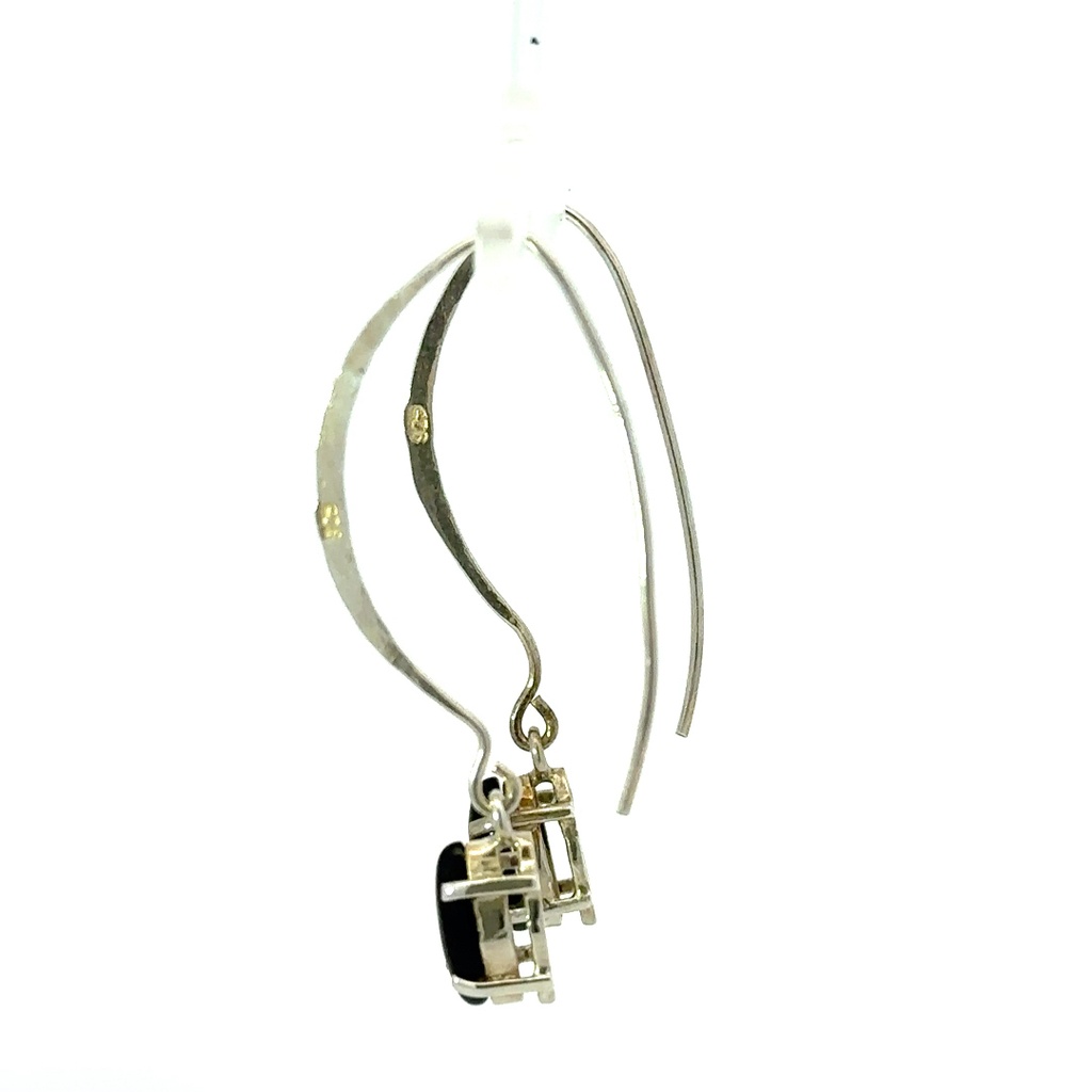 Onyx Drops On Long Silver Hook Earrings