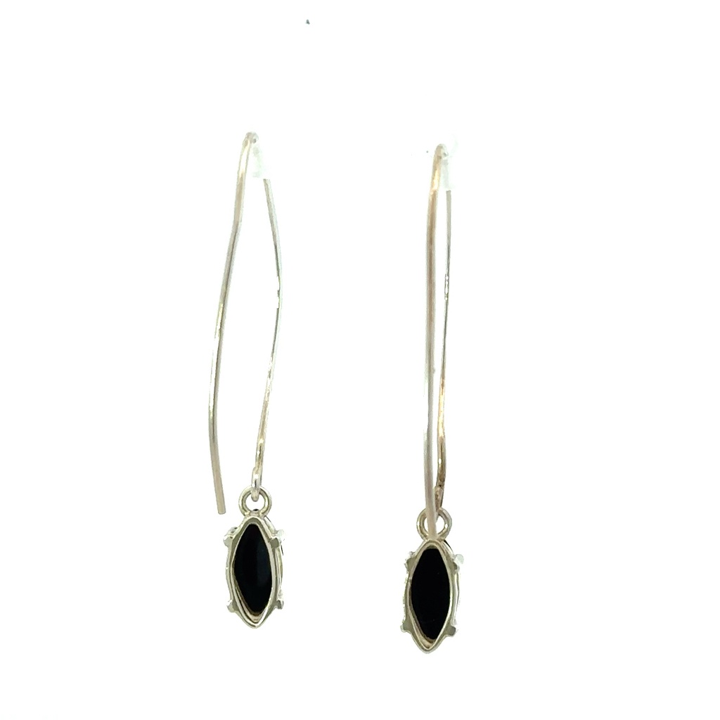 Onyx Drops On Long Silver Hook Earrings