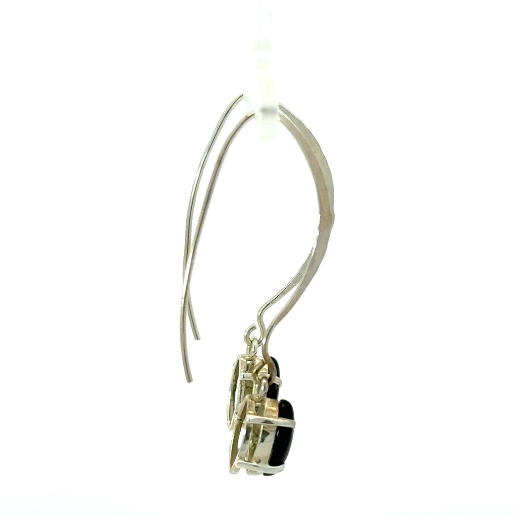 Onyx Drops On Long Silver Hook Earrings