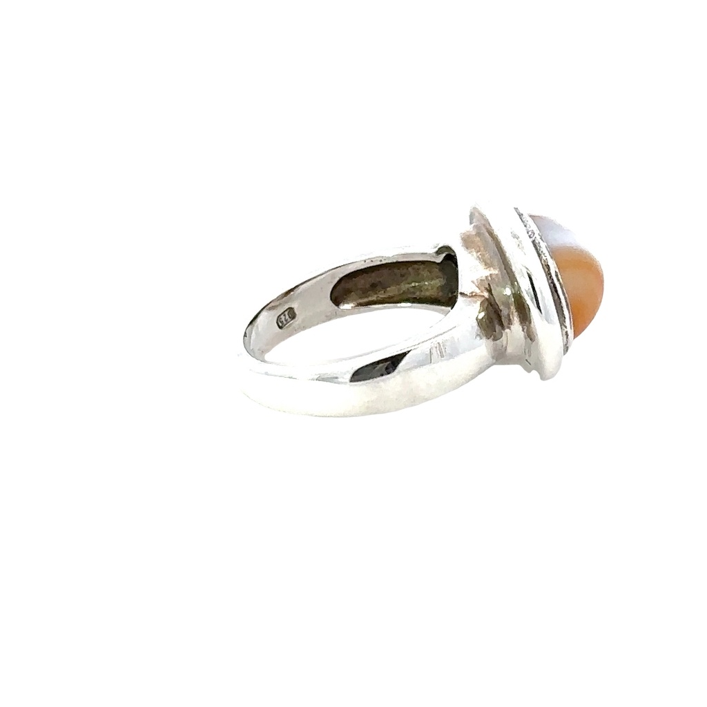 Silver Banded Cabochon Agate & Carnelian Ring