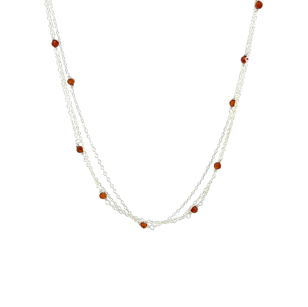 Carnelian Beads & Three Strand Necklace In Silver