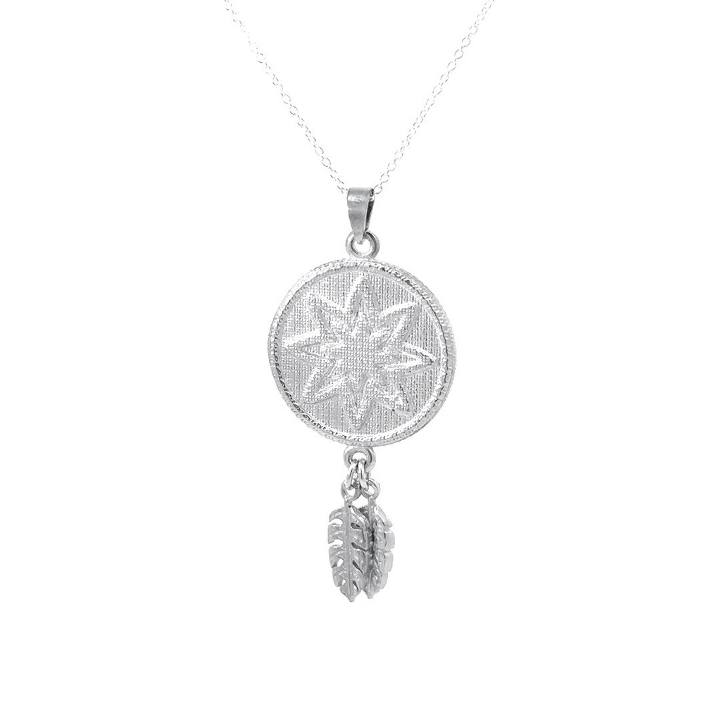 Woven Starburst Pendant In Silver With Leaf Tassel