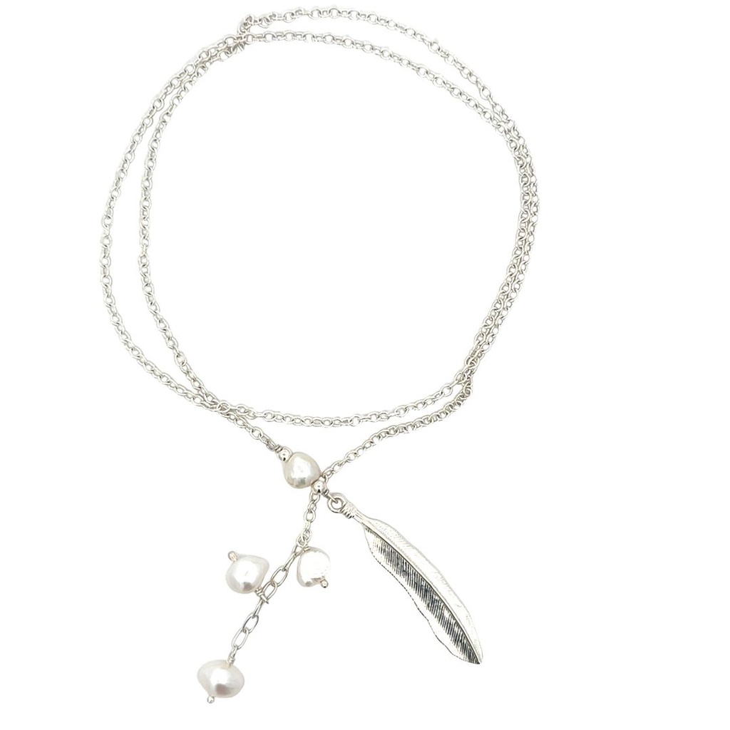 Sterling Silver Lariat With Pearls & Feather