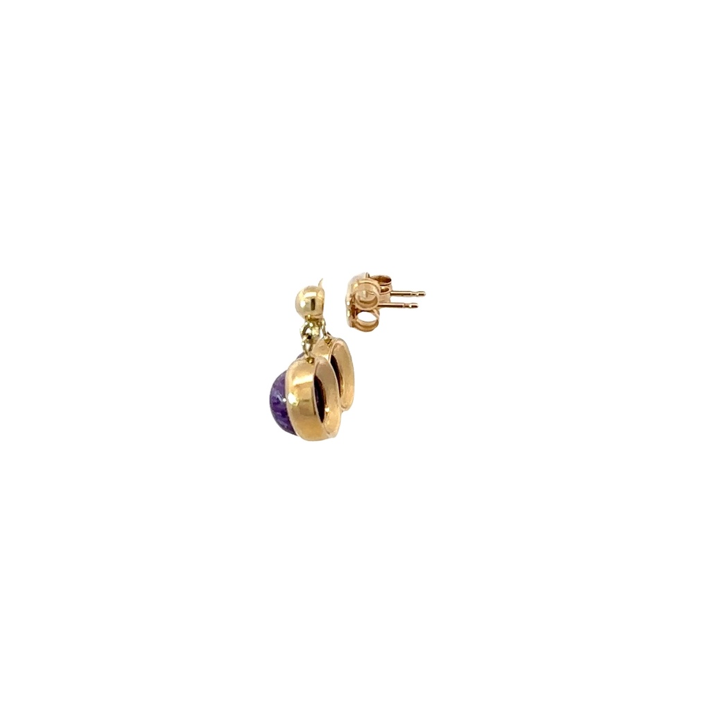 Charoite Stone Drop Earrings In Yellow Gold