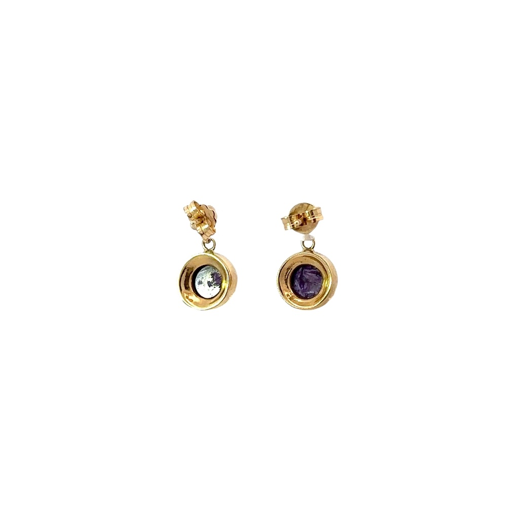 Charoite Stone Drop Earrings In Yellow Gold