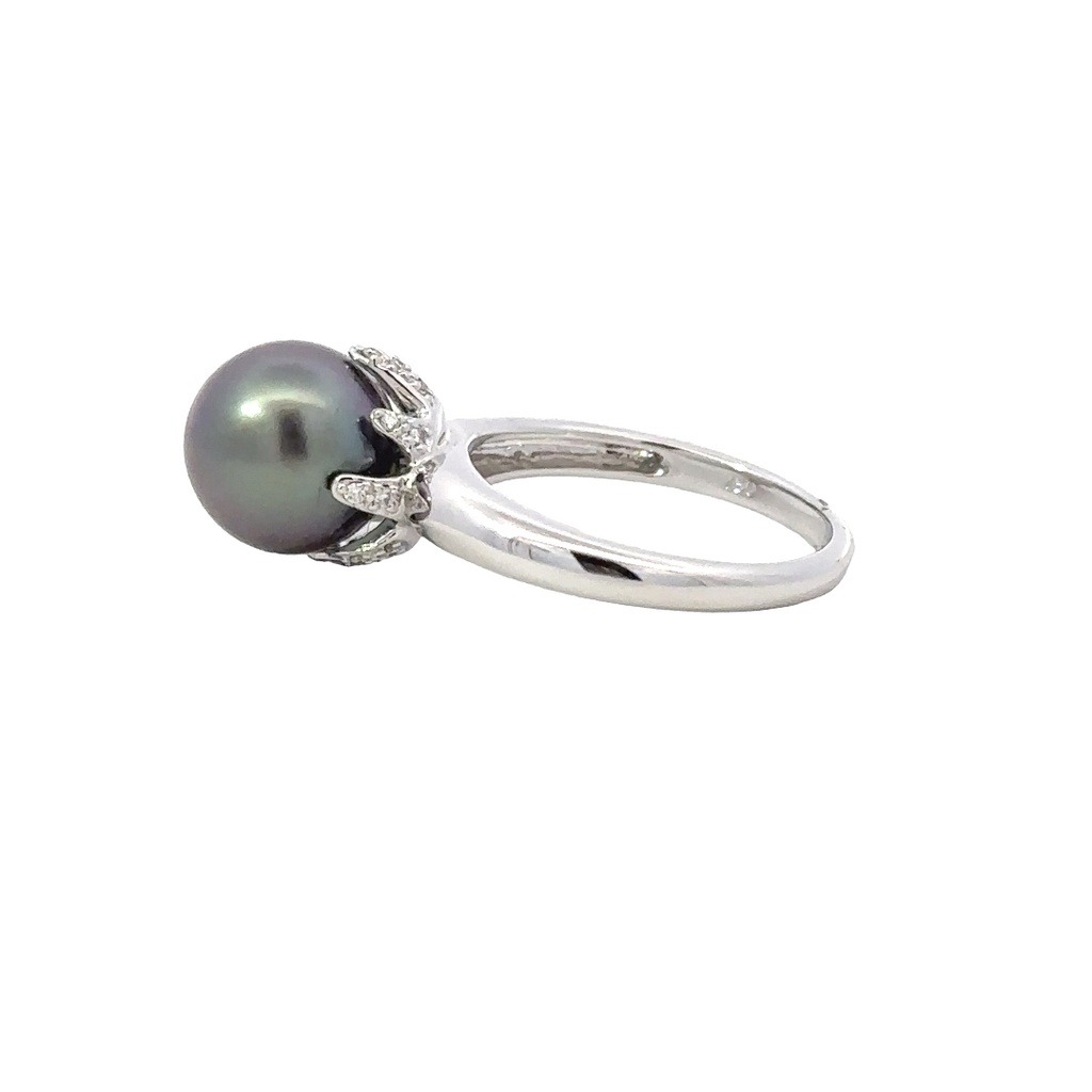 Tahitian Pearl & Diamond Ring In 18K White Gold