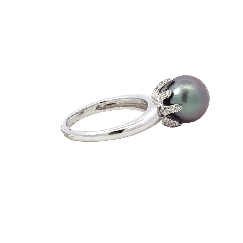 Tahitian Pearl & Diamond Ring In 18K White Gold
