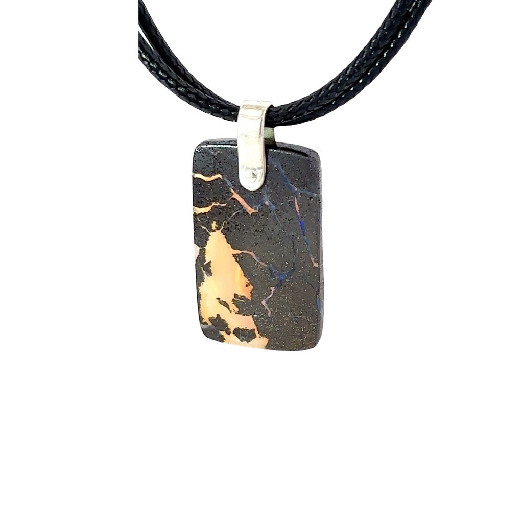 Boulder Opal Pendant W/ Silver on Leather