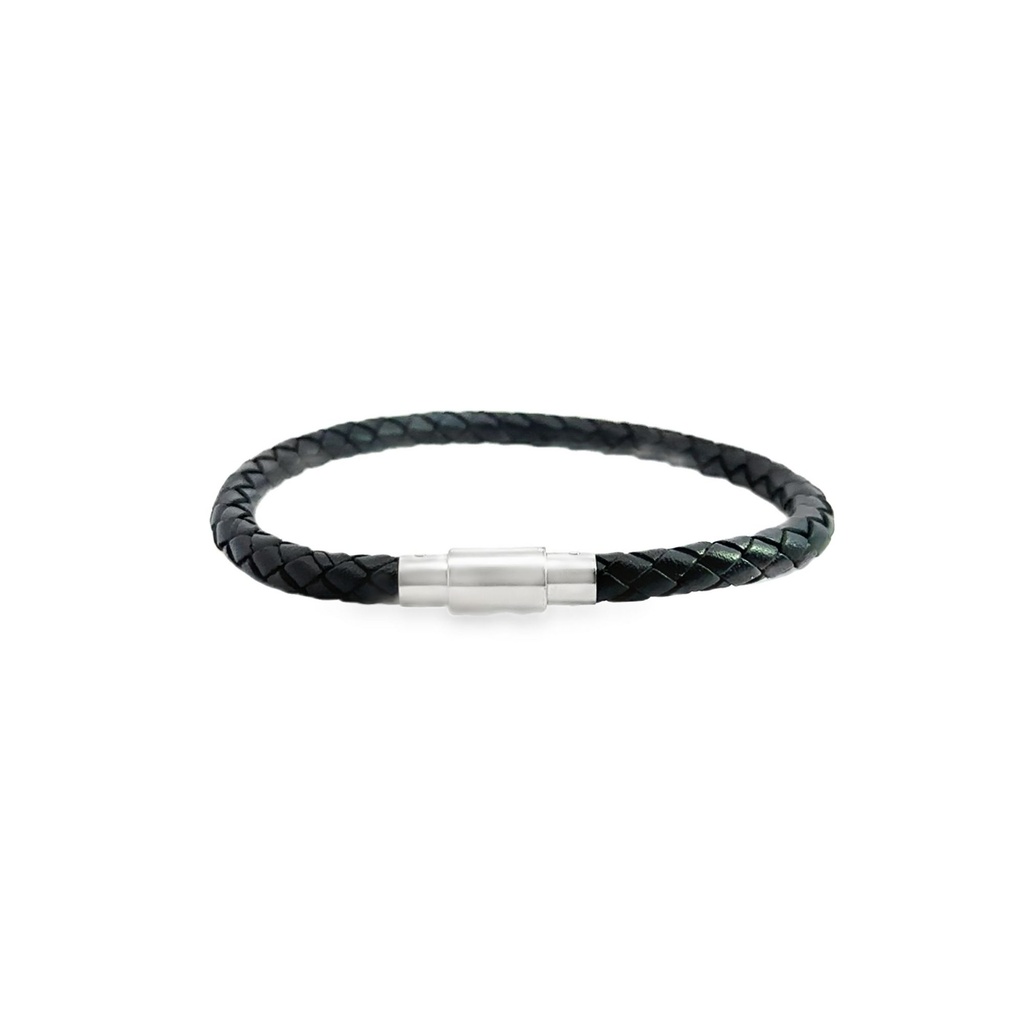 Men's Black Leather Bracelet with Steel Clasp