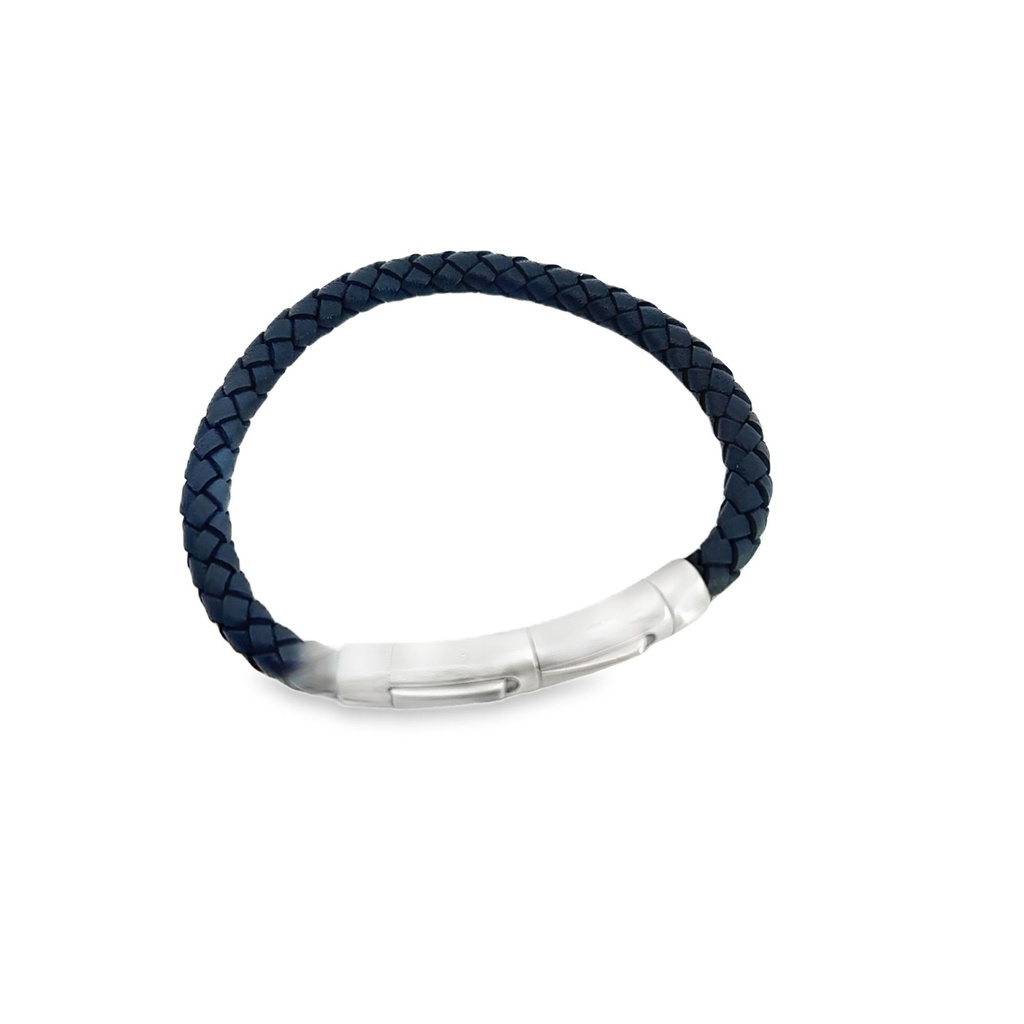 Men's Braided Navy Leather Bracelet With Steel Clasp