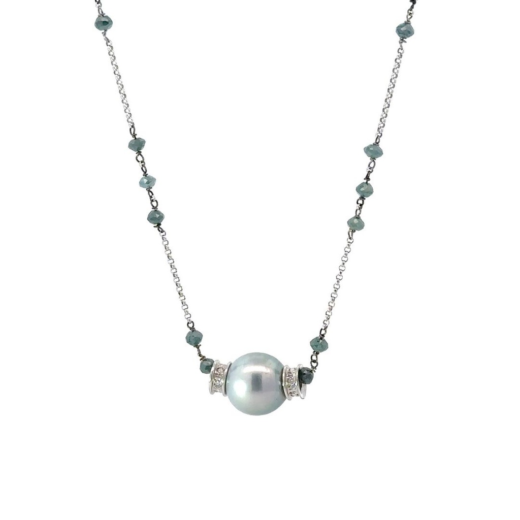 Blue Diamond & Tahitian Pearl 9K WG Necklace