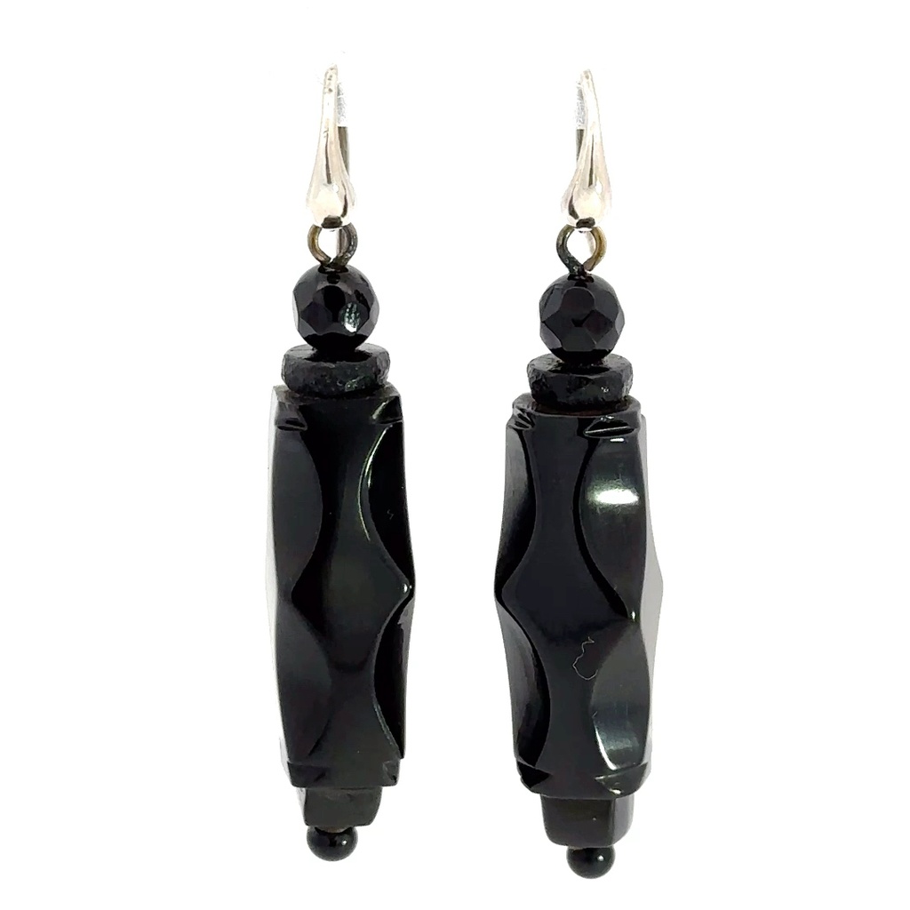 Carved Jet Drop Earrings In Sterling Silver