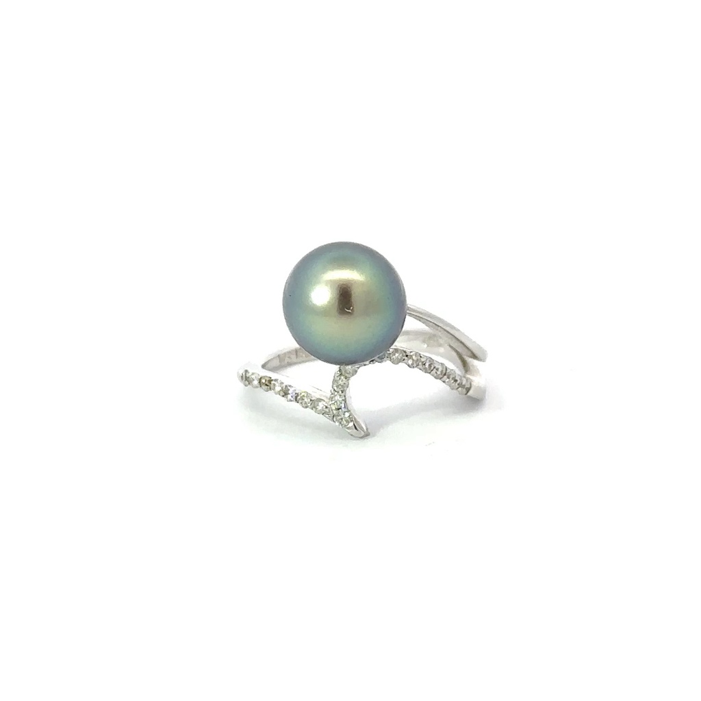 Tahitian Pearl & Diamond Ring In 18K White Gold