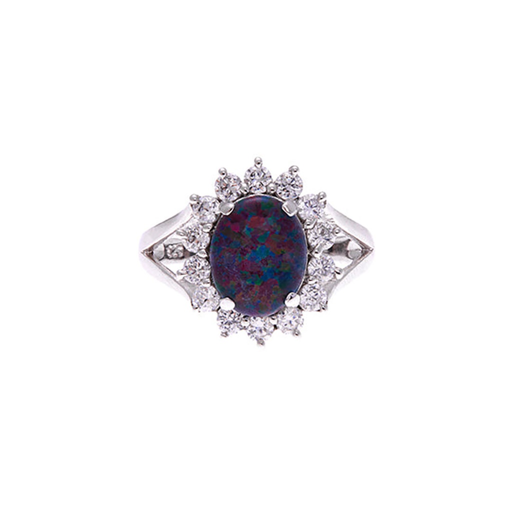 Silver Opal Ring With Multi-Coloured Triplet & CZ Cluster