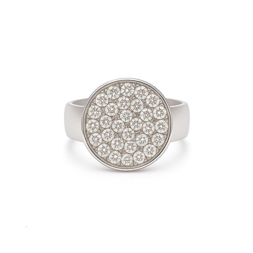 Coin Ring Pave Diamonds In 18K White Gold
