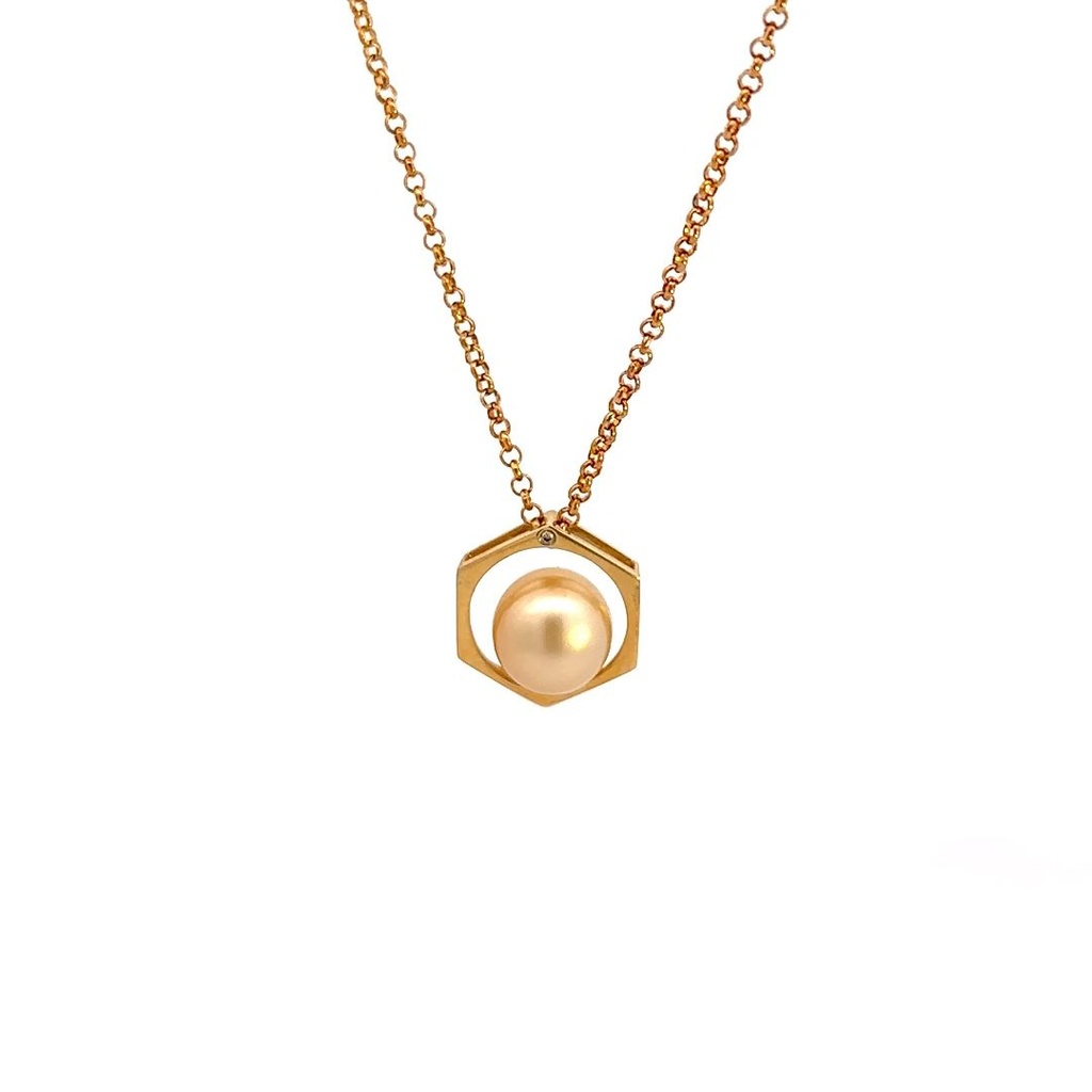 South Sea Pearl Pendant In Hexagonal Frame With Diamond Detail 14K