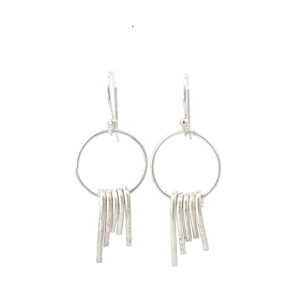 Drop Circle Tassel Earrings In Sterling Silver