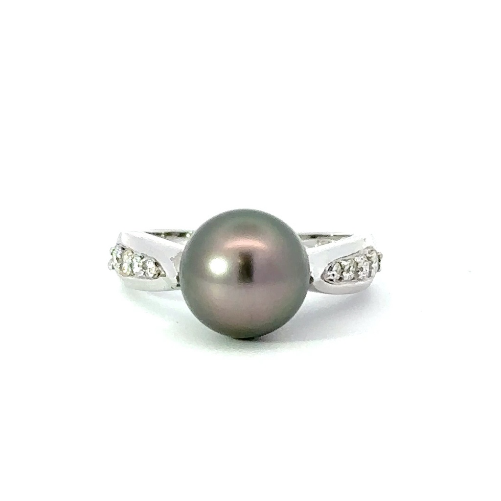 Inky Tahitian Pearl 10-10.5mm Ring In 18K With Diamonds