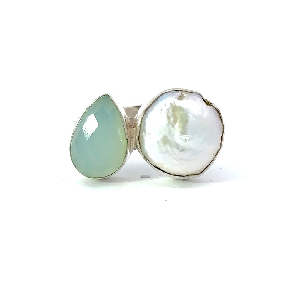 Chalcedony & Freshwater Pearl Adjustable Silver Ring