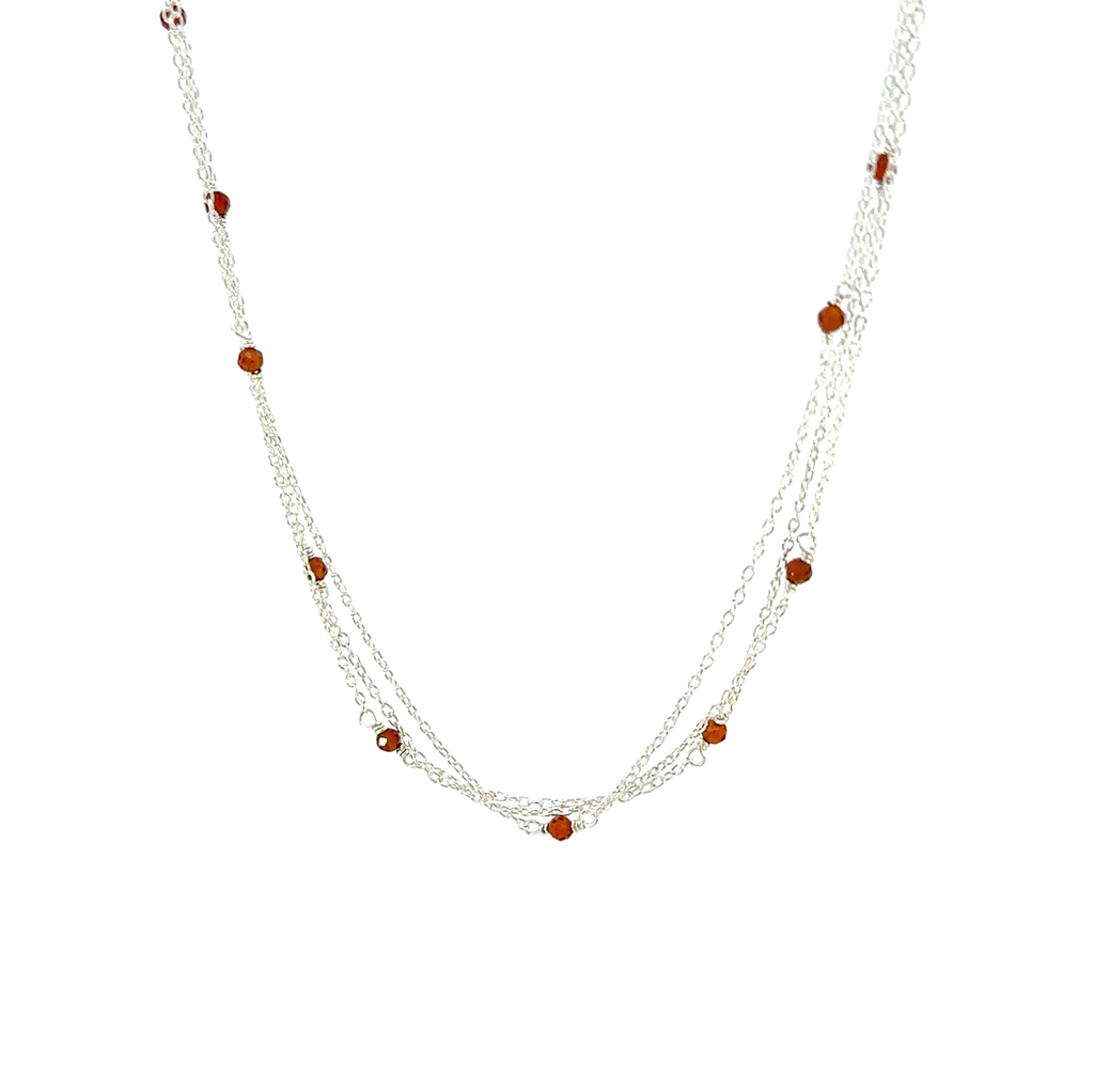Carnelian Beads & Three Strand Necklace In Silver