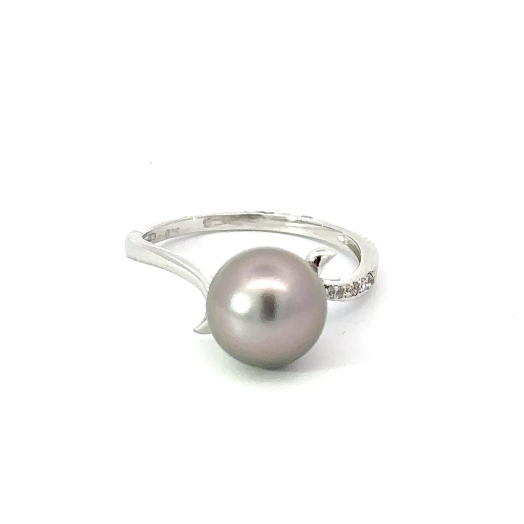 Tahitian Pearl & Twisted Diamond Band Ring In Silver