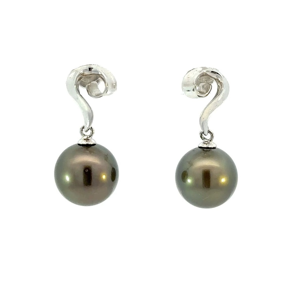 Tahitian Pearl Drop Earrings With A Swirl Stud In Silver