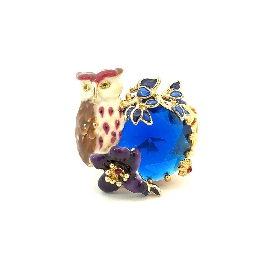 Owl Clarte Nocturne Blue Crystal Leaves & Purple Flower Ring